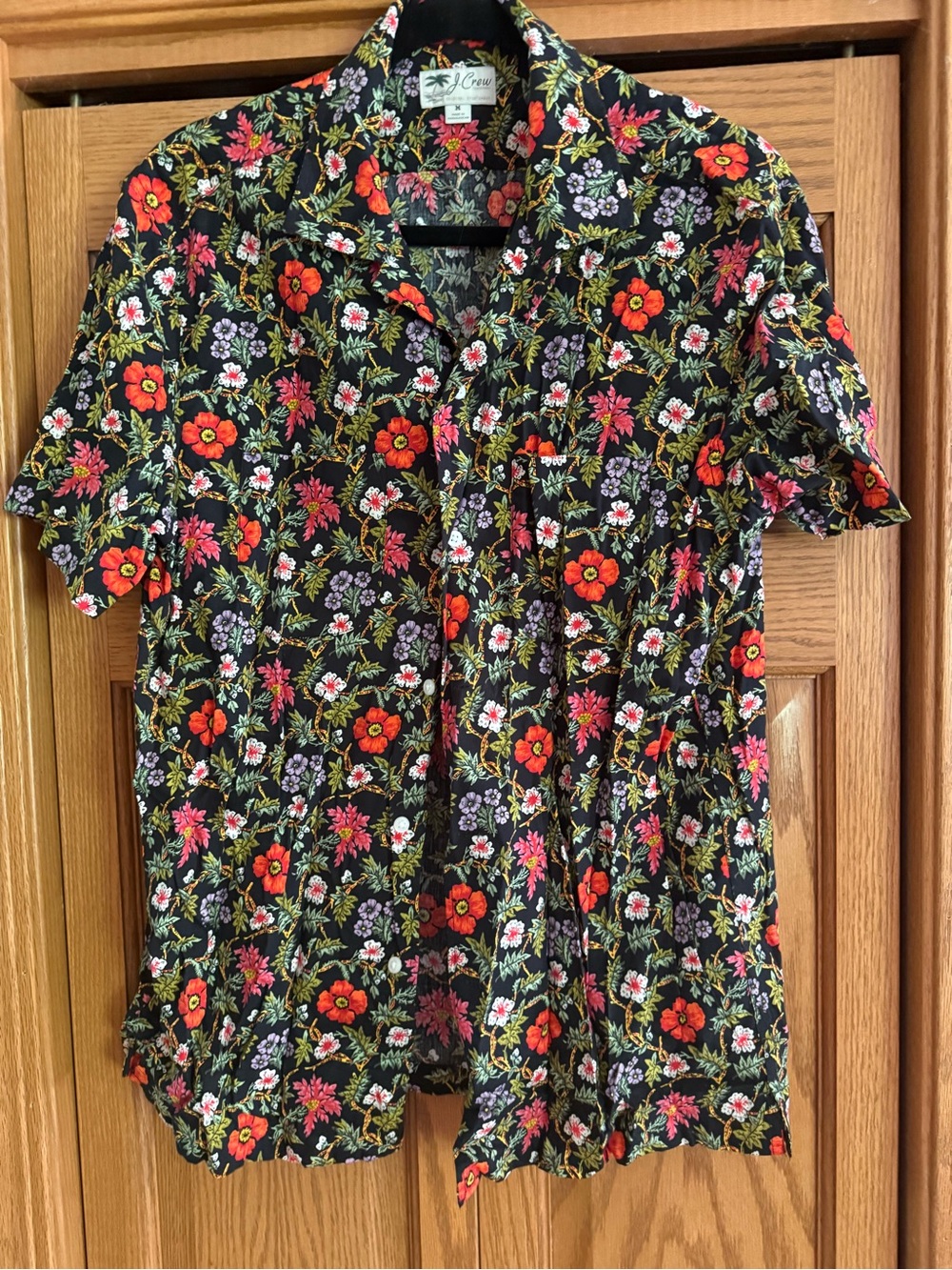 J. Crew Black Short-Sleeve Floral Button-Down Shirt